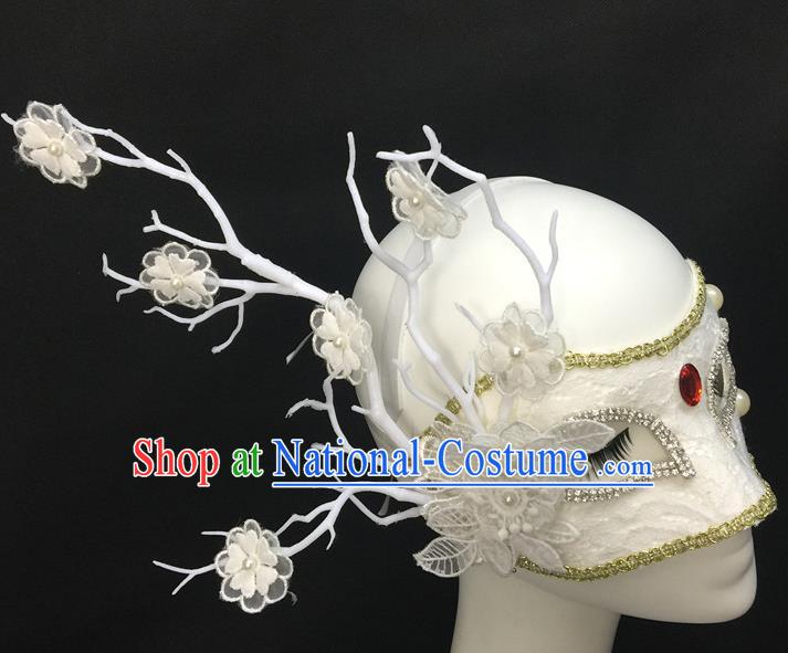 handmade Halloween Cosplay White Lace Mask Costume Party Flowers Branch Blinder Headpiece Rio Carnival Pearls Face Mask