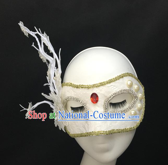 handmade Halloween Cosplay White Lace Mask Costume Party Flowers Branch Blinder Headpiece Rio Carnival Pearls Face Mask