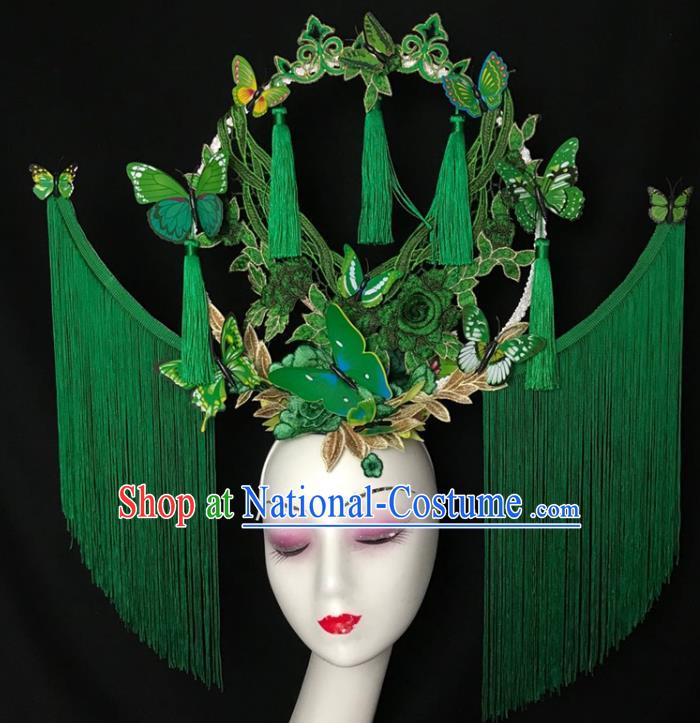 Chinese Traditional Court Green Flowers Butterfly Hair Clasp Catwalks Giant Fashion Headpiece Handmade Cheongsam Stage Show Tassel Hair Crown