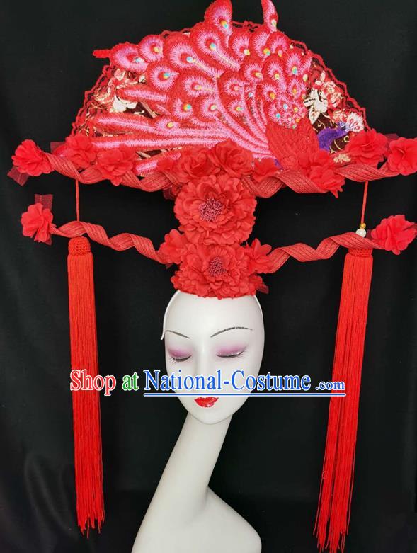 Chinese Handmade Cheongsam Show Red Peacock Fan Hair Crown Traditional Court Peony Tassel Hair Clasp Catwalks Giant Fashion Headpiece