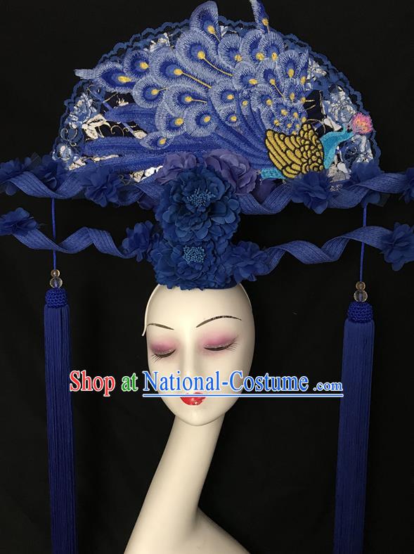 China Handmade Cheongsam Show Embroidered Peacock Fan Hair Crown Traditional Court Navy Tassel Hair Clasp Catwalks Giant Fashion Headwear