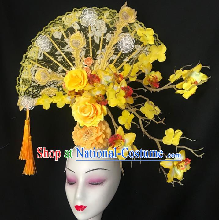 China Catwalks Giant Fashion Headwear Handmade Cheongsam Show Lace Fan Hair Crown Traditional Court Yellow Flowers Hair Clasp