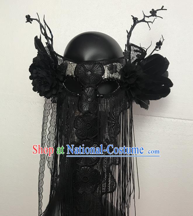 Handmade Costume Party Black Tassel Blinder Headpiece Brazil Carnival Peony Mask Halloween Cosplay Show Lace Full Face Mask