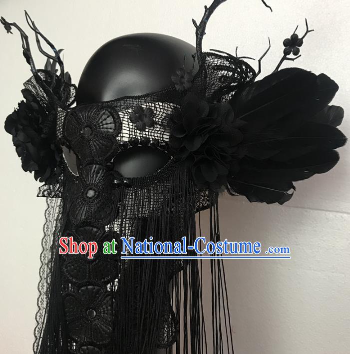 Handmade Costume Party Black Tassel Blinder Headpiece Brazil Carnival Peony Mask Halloween Cosplay Show Lace Full Face Mask