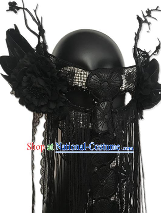 Handmade Costume Party Black Tassel Blinder Headpiece Brazil Carnival Peony Mask Halloween Cosplay Show Lace Full Face Mask