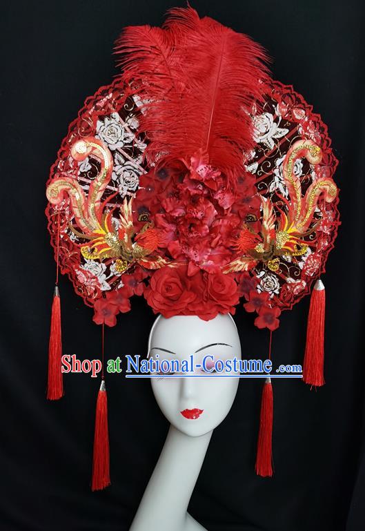 China Traditional Court Red Feather Hair Clasp Catwalks Giant Fashion Headwear Handmade Cheongsam Show Lace Fan Phoenix Hair Crown