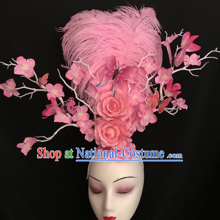 Top Halloween Cosplay Hair Accessories Catwalks Pink Feather Royal Crown Rio Carnival Rose Hair Clasp Brazil Parade Headdress