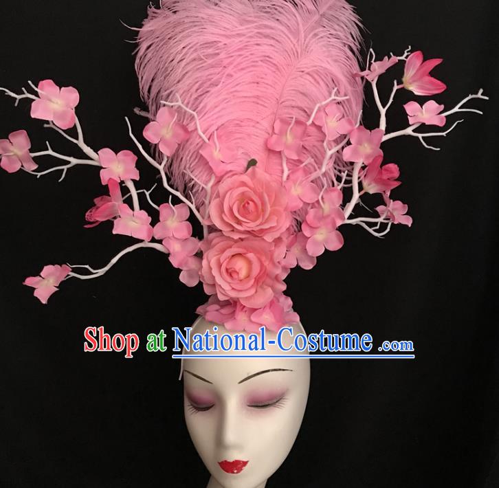 Top Brazil Parade Headdress Halloween Cosplay Hair Accessories Catwalks Pink Feather Royal Crown Rio Carnival Rose Hair Clasp