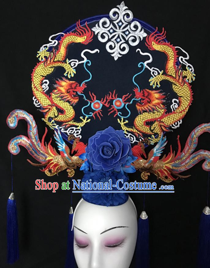 China Handmade Catwalks Giant Fashion Headwear Cheongsam Show Dragon Phoenix Hair Crown Traditional Court Fan Tassel Hair Clasp