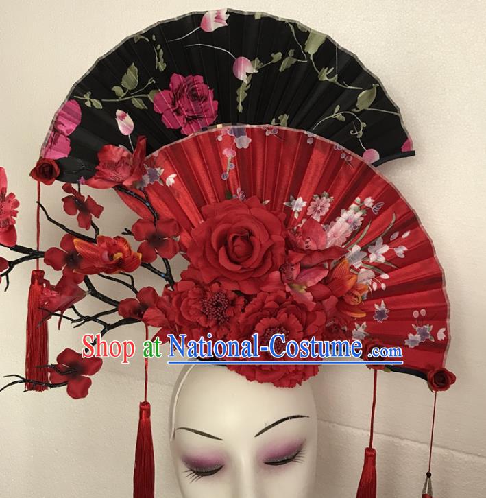 China Traditional Court Fan Hair Clasp Handmade Catwalks Giant Fashion Headwear Cheongsam Show Tassel Hair Crown