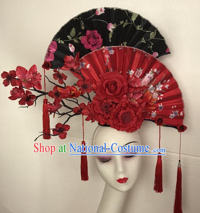 China Traditional Court Fan Hair Clasp Handmade Catwalks Giant Fashion Headwear Cheongsam Show Tassel Hair Crown