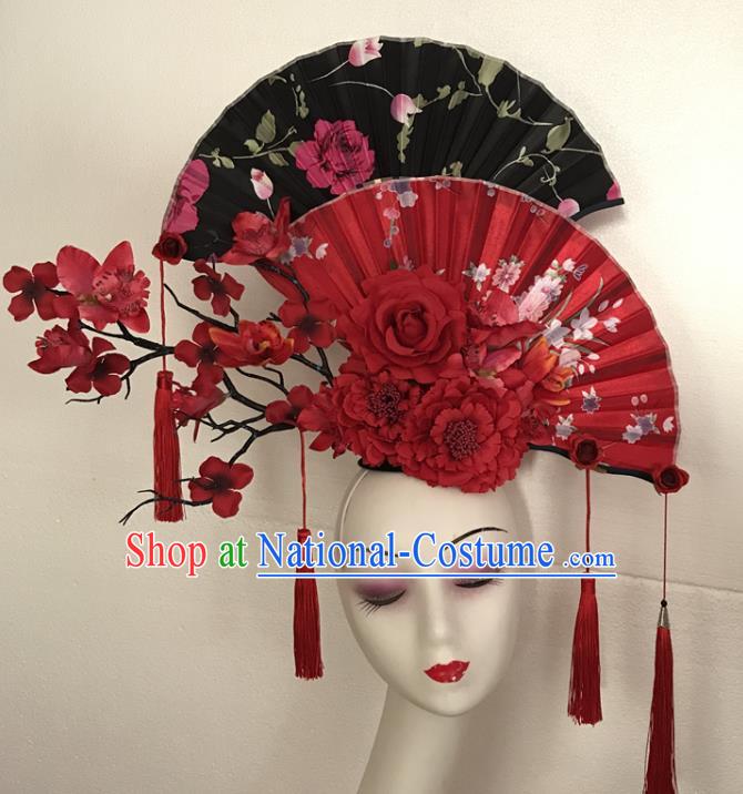 China Traditional Court Fan Hair Clasp Handmade Catwalks Giant Fashion Headwear Cheongsam Show Tassel Hair Crown