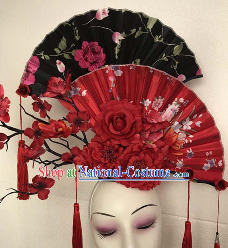 China Traditional Court Fan Hair Clasp Handmade Catwalks Giant Fashion Headwear Cheongsam Show Tassel Hair Crown