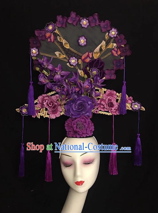 China Handmade Catwalks Giant Fashion Headdress Cheongsam Show Embroidered Fan Hair Crown Traditional Court Purple Peony Hair Clasp