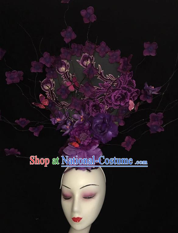 China Cheongsam Show Embroidered Phoenix Fan Hair Crown Traditional Court Purple Peony Hair Clasp Handmade Catwalks Giant Fashion Headdress