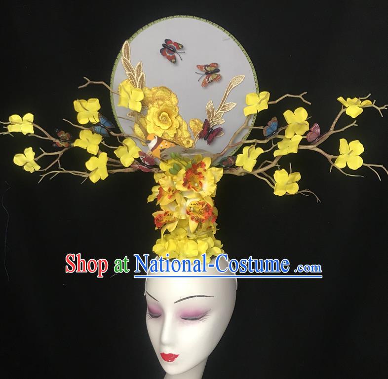 China Traditional Court Yellow Flowers Hair Clasp Handmade Catwalks Giant Fashion Headdress Cheongsam Show Embroidered Peony Hair Crown