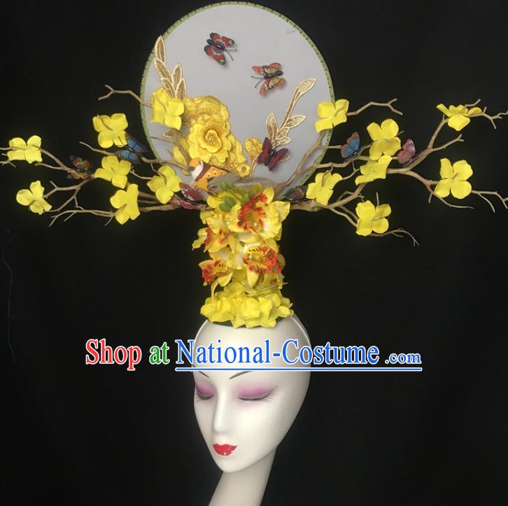 China Traditional Court Yellow Flowers Hair Clasp Handmade Catwalks Giant Fashion Headdress Cheongsam Show Embroidered Peony Hair Crown