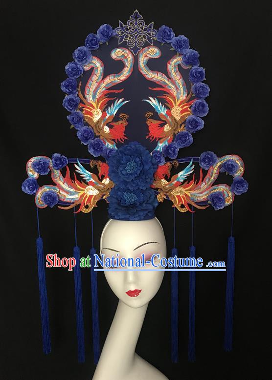 Chinese Catwalks Giant Fashion Headpiece Handmade Cheongsam Show Navy Peony Tassel Hair Crown Traditional Court Fan Hair Clasp