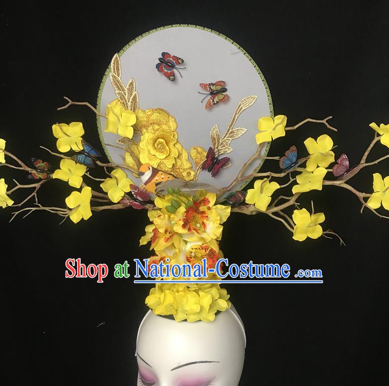 China Traditional Court Yellow Flowers Hair Clasp Handmade Catwalks Giant Fashion Headdress Cheongsam Show Embroidered Peony Hair Crown