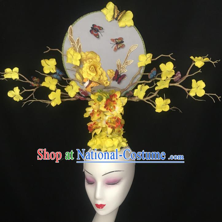 China Cheongsam Show Embroidered Peony Hair Crown Traditional Court Yellow Flowers Hair Clasp Handmade Catwalks Giant Fashion Headdress