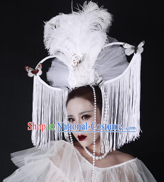 Top Halloween Cosplay Hair Accessories Catwalks White Butterfly Tassel Royal Crown Rio Carnival Feather Hair Clasp Brazil Parade Headdress