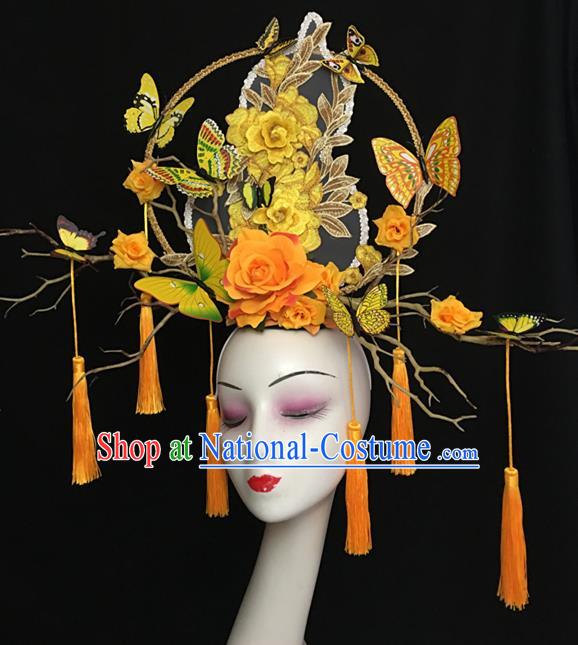 China Handmade Catwalks Bride Giant Fashion Headdress Cheongsam Show Orange Peony Hair Crown Traditional Court Tassel Hair Clasp