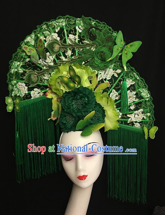 China Traditional Court Green Tassel Hair Clasp Handmade Catwalks Bride Giant Fashion Headdress Cheongsam Show Lace Phoenix Fan Hair Crown