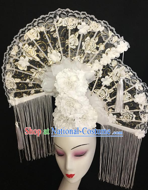 China Cheongsam Show White Peony Hair Crown Traditional Court Lace Fan Tassel Hair Clasp Handmade Catwalks Bride Giant Fashion Headdress