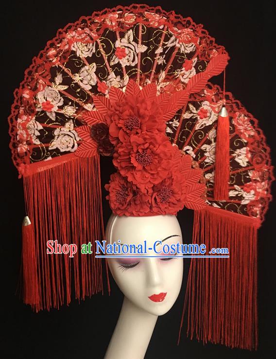 China Handmade Catwalks Bride Giant Fashion Headdress Cheongsam Show Red Peony Hair Crown Traditional Court Lace Fan Tassel Hair Clasp