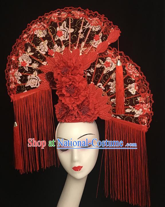 China Handmade Catwalks Bride Giant Fashion Headdress Cheongsam Show Red Peony Hair Crown Traditional Court Lace Fan Tassel Hair Clasp