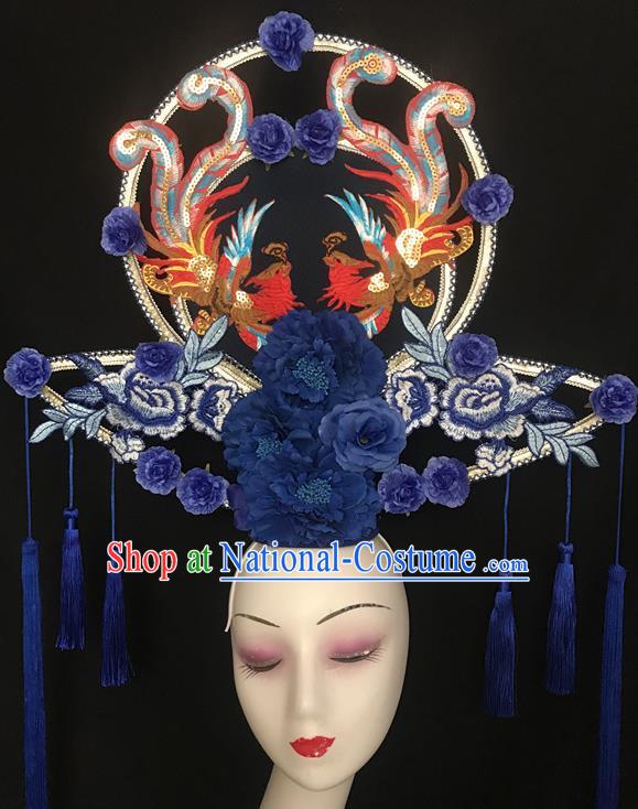 Chinese Traditional Court Fan Hair Clasp Catwalks Giant Fashion Headpiece Handmade Cheongsam Show Navy Peony Tassel Hair Crown