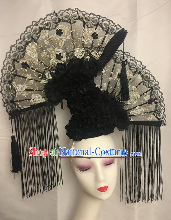 China Traditional Court Black Peony Tassel Hair Clasp Handmade Catwalks Bride Giant Fashion Headdress Cheongsam Show Lace Fan Hair Crown