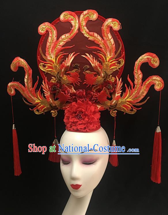 China Cheongsam Show Embroidered Phoenix Hair Crown Court Red Fan Hair Clasp Catwalks Fashion Headdress Handmade Bride Giant Headwear