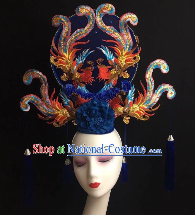 China Handmade Bride Giant Headwear Cheongsam Show Embroidered Phoenix Hair Crown Court Blue Fan Hair Clasp Catwalks Fashion Headdress