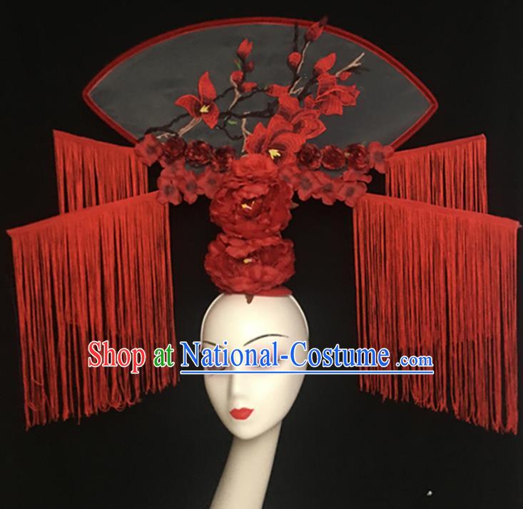 China Catwalks Fashion Tassel Headdress Handmade Bride Giant Headwear Cheongsam Show Embroidered Mangnolia Hair Crown Court Fan Hair Clasp