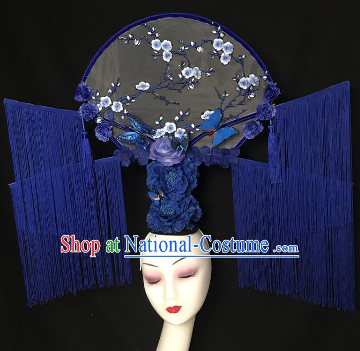 China Court Fan Hair Clasp Catwalks Fashion Tassel Headdress Handmade Bride Giant Headwear Cheongsam Show Embroidered Plum Hair Crown