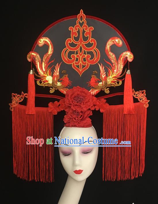 China Court Phoenix Fan Hair Clasp Catwalks Fashion Red Tassel Headdress Handmade Bride Giant Headwear Cheongsam Show Hair Crown