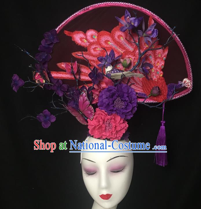 China Cheongsam Show Hair Crown Court Embroidered Peacock Fan Hair Clasp Catwalks Fashion Headdress Handmade Bride Giant Headwear