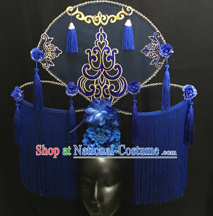 China Handmade Bride Giant Headwear Cheongsam Show Blue Tassel Hair Crown Court Fan Hair Clasp Catwalks Fashion Headdress