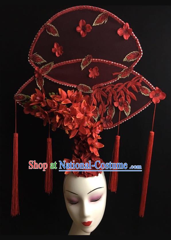 China Catwalks Fashion Tassel Headdress Handmade Bride Giant Headwear Cheongsam Show Red Flowers Hair Crown Court Fan Hair Clasp