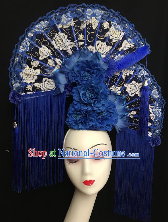 China Cheongsam Show Lace Fan Hair Crown Traditional Court Deep Blue Peony Tassel Hair Clasp Handmade Catwalks Fashion Bride Giant Headdress