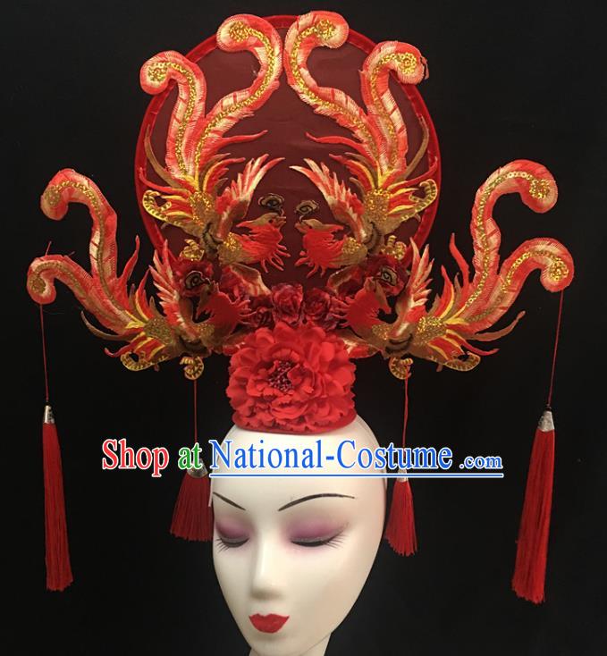 China Cheongsam Show Red Phoenix Hair Crown Court Fan Tassel Hair Clasp Catwalks Fashion Headdress Handmade Bride Giant Headwear