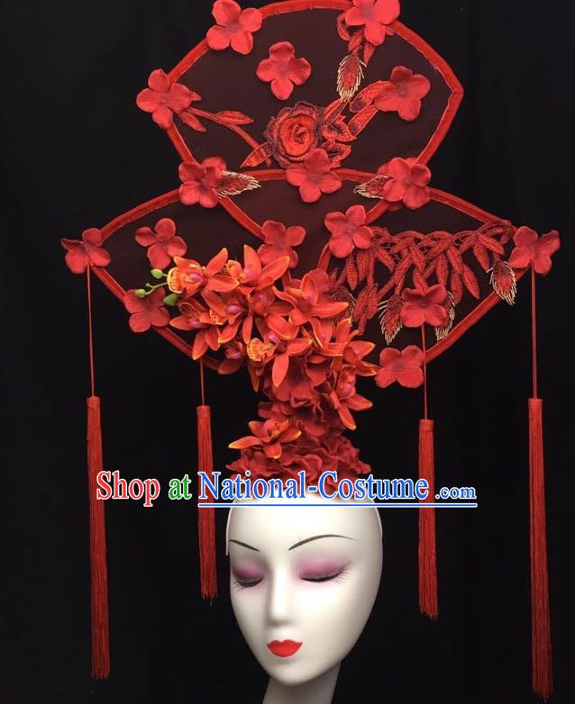 China Court Fan Tassel Hair Clasp Catwalks Fashion Headdress Handmade Bride Giant Headwear Cheongsam Show Red Flowers Hair Crown