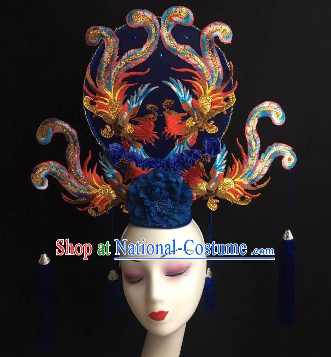 China Handmade Bride Giant Headwear Cheongsam Show Blue Phoenix Hair Crown Court Fan Tassel Hair Clasp Catwalks Fashion Headdress