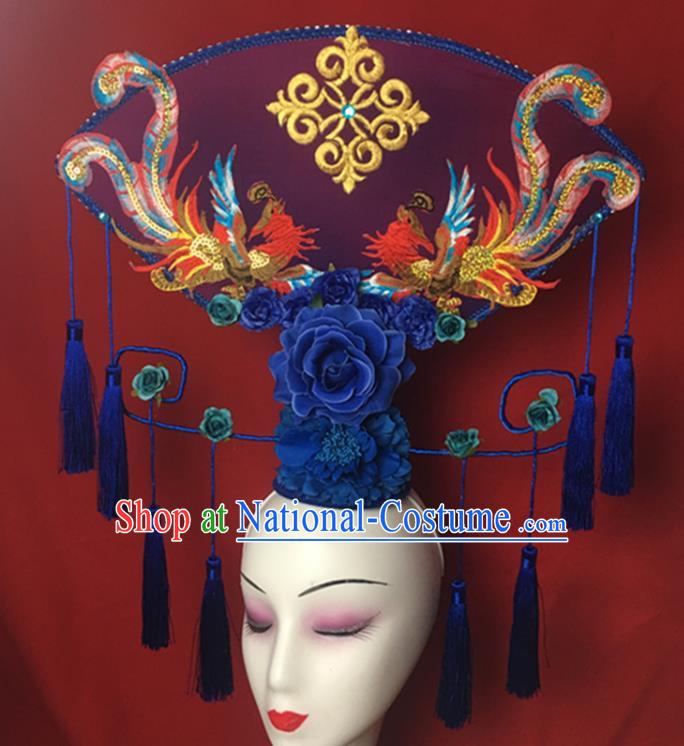 China Catwalks Giant Headdress Handmade Bride Fashion Headwear Cheongsam Show Blue Fan Hair Crown Court Sequins Phoenix Hair Clasp