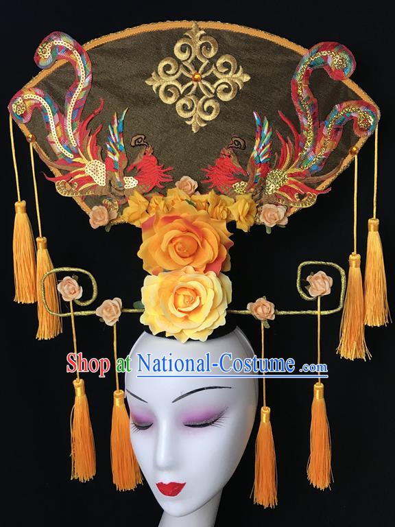 China Court Sequins Phoenix Hair Clasp Catwalks Giant Headdress Handmade Bride Fashion Headwear Cheongsam Show Yellow Fan Hair Crown