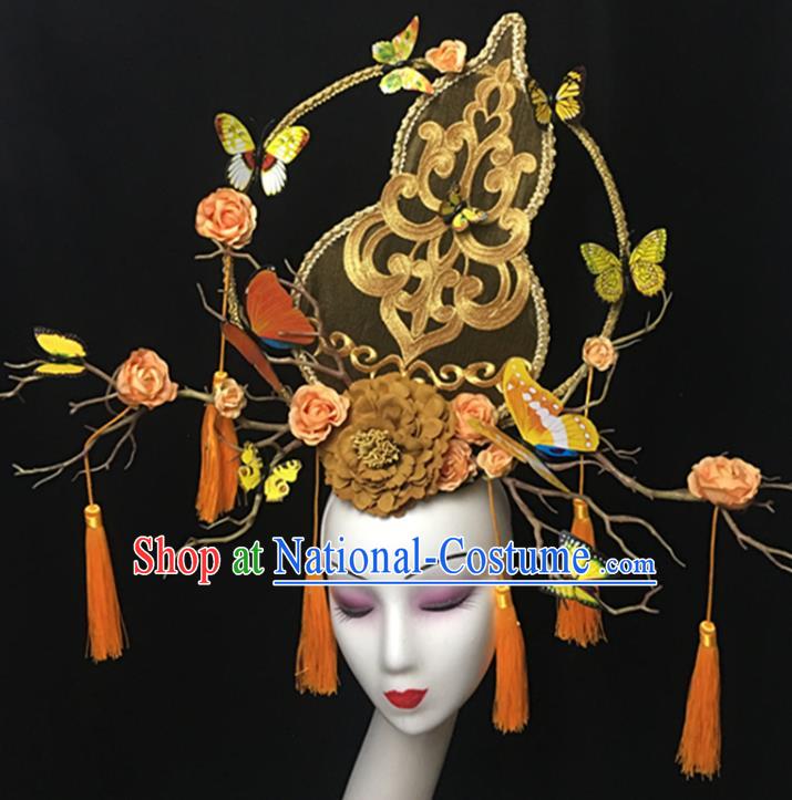 China Cheongsam Show Gold Gourd Hair Crown Court Tassel Hair Clasp Catwalks Giant Headdress Handmade Bride Fashion Headwear