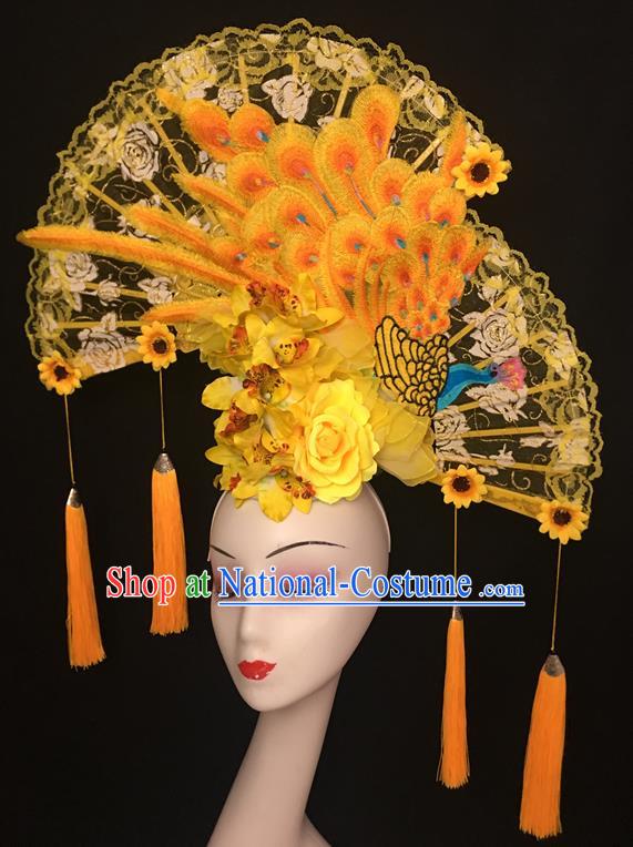 China Cheongsam Show Embroidered Phoenix Hair Crown Court Yellow Lace Fan Hair Clasp Catwalks Fashion Headdress Handmade Bride Giant Headwear