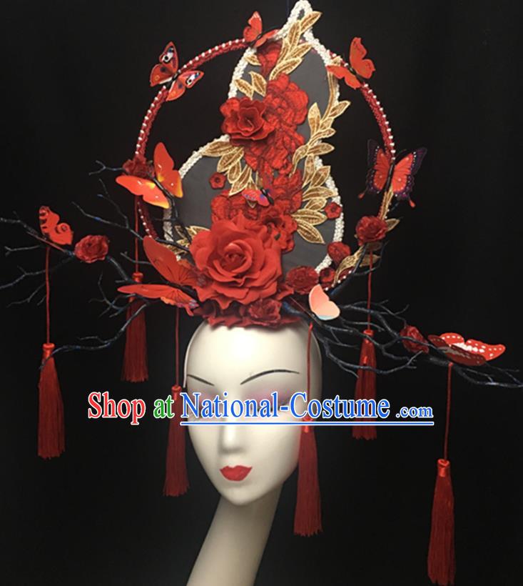 China Handmade Bride Fashion Headwear Cheongsam Show Red Gourd Hair Crown Court Tassel Hair Clasp Catwalks Giant Headdress