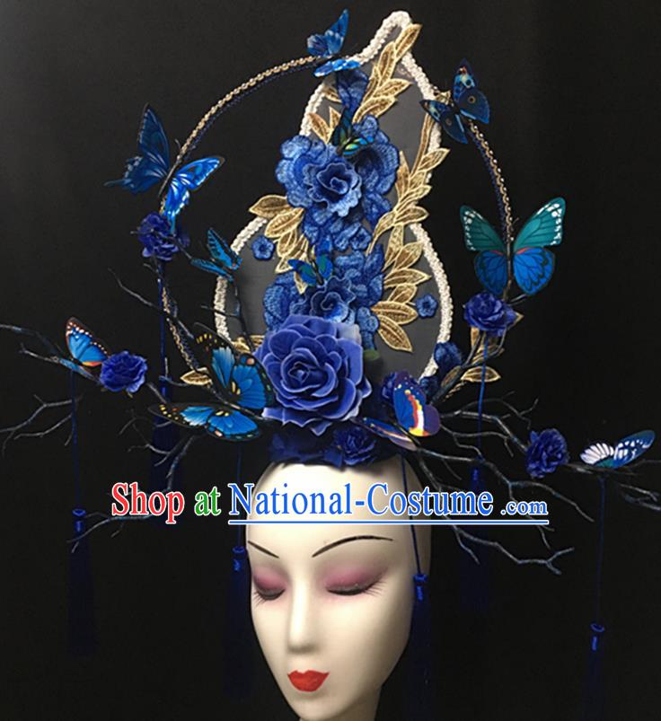 China Catwalks Giant Headdress Handmade Bride Fashion Headwear Cheongsam Show Blue Gourd Hair Crown Court Tassel Hair Clasp